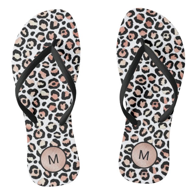 Chic Girly Rose Gold Leopard Monogram Flip Flops (Footbed)
