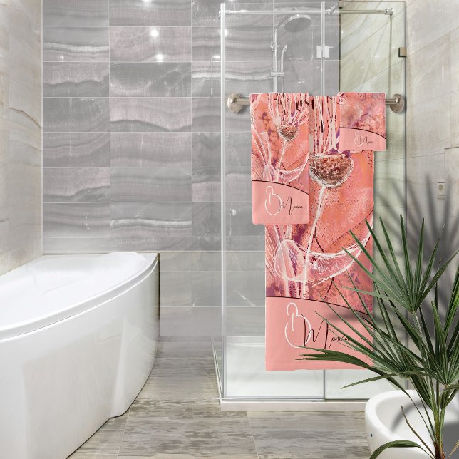 Chic Girly Salmon Pink Flowers  Bath Towel Set (Chic Girly Salmon Pink Flowers Bath Towel Set)