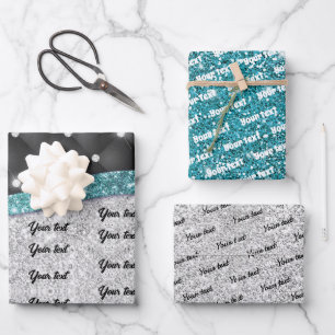 Chic girly Silver glitter black turquoise monogram Wrapping Paper Sheets