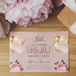 Chic Girly Surprise Double Birthday Party Invitation