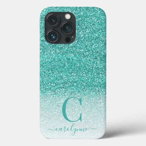 Chic Girly Teal Aqua Green Ombre Glitter iPhone 13 Pro Case