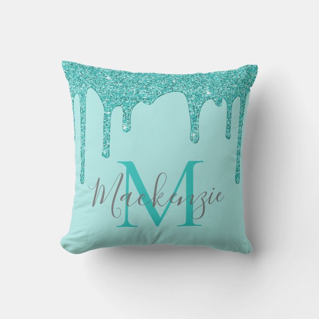Chic Girly Teal Glitter Drips Monogram Throw Pillow (Front)