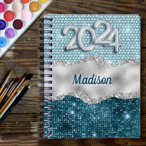 Chic girly teal mint green glitter silver 2024 planner