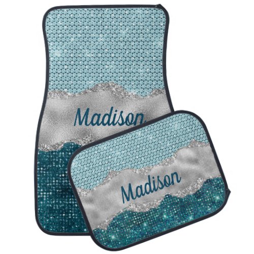 Chic girly teal mint green glitter silver monogram car floor mat