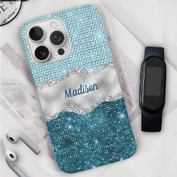 Chic girly teal mint green glitter silver monogram iPhone 16 pro case