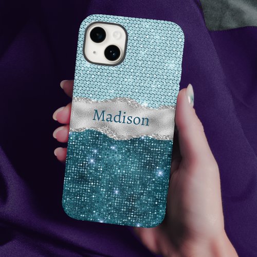 Chic girly teal mint green glitter silver monogram iPhone 15 case