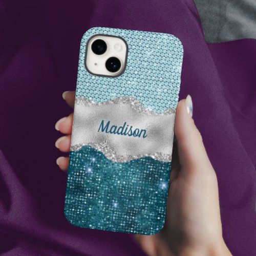 Chic girly teal mint green glitter silver monogram Case_Mate iPhone 14 case