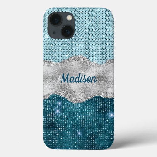 Chic girly teal mint green glitter silver monogram iPhone 13 case