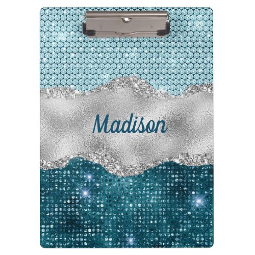 Chic girly teal mint green glitter silver monogram clipboard