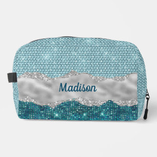 Chic girly teal mint green glitter silver monogram dopp kit