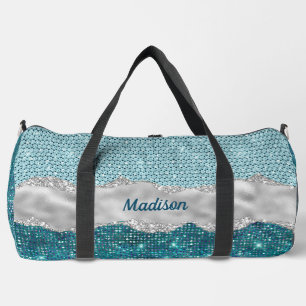 Chic girly teal mint green glitter silver monogram duffle bag