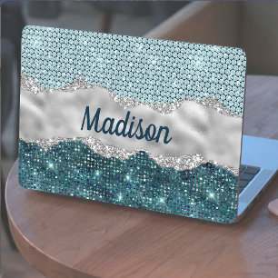 Chic girly teal mint green glitter silver monogram HP laptop skin
