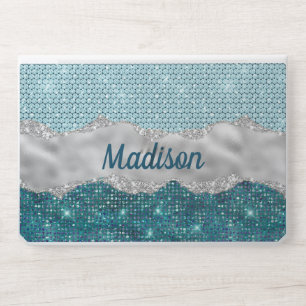 Chic girly teal mint green glitter silver monogram HP laptop skin