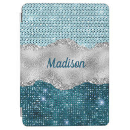 Chic girly teal mint green glitter silver monogram iPad air cover