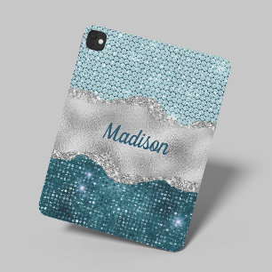Chic girly teal mint green glitter silver monogram iPad mini cover