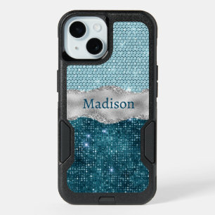 Chic girly teal mint green glitter silver monogram iPhone 15 case