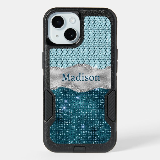 Chic girly teal mint green glitter silver monogram iPhone 15 case (Back)