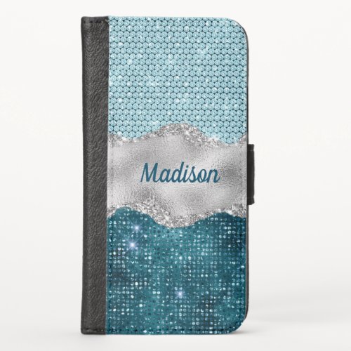 Chic girly teal mint green glitter silver monogram iPhone x wallet case
