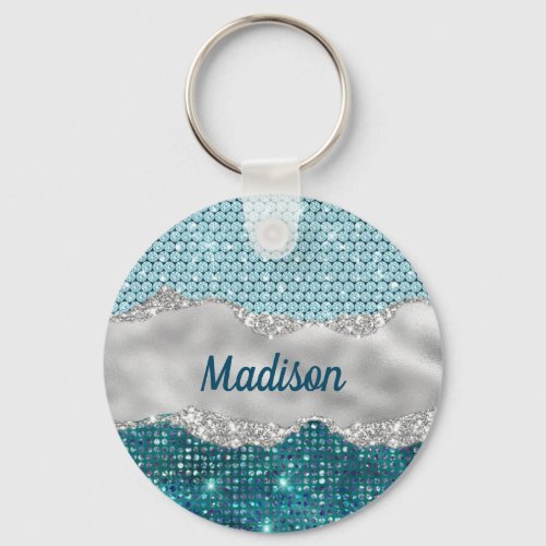 Chic girly teal mint green glitter silver monogram keychain