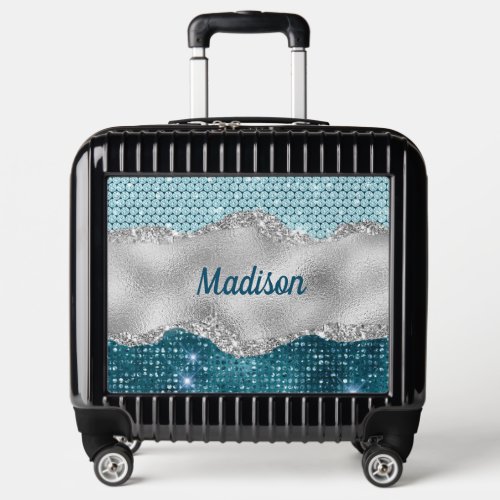 Chic girly teal mint green glitter silver monogram luggage