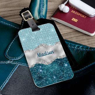 Chic girly teal mint green glitter silver monogram