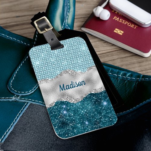 Chic girly teal mint green glitter silver monogram luggage tag