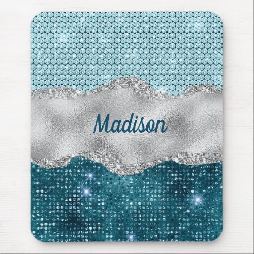 Chic girly teal mint green glitter silver monogram mouse pad