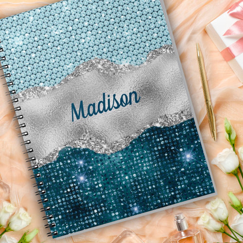 Chic girly teal mint green glitter silver monogram notebook