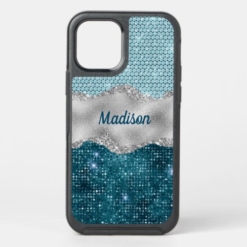 Chic girly teal mint green glitter silver monogram OtterBox symmetry iPhone 12 pro case