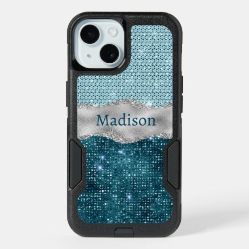 Chic girly teal mint green glitter silver monogram iPhone 15 case