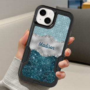 Chic girly teal mint green glitter silver monogram OtterBox iPhone 14 case