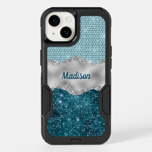 Chic girly teal mint green glitter silver monogram OtterBox iPhone 14 case