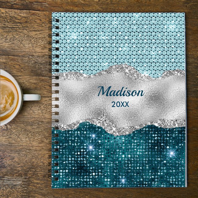 Chic girly teal mint green glitter silver monogram planner (Creator Uploaded)