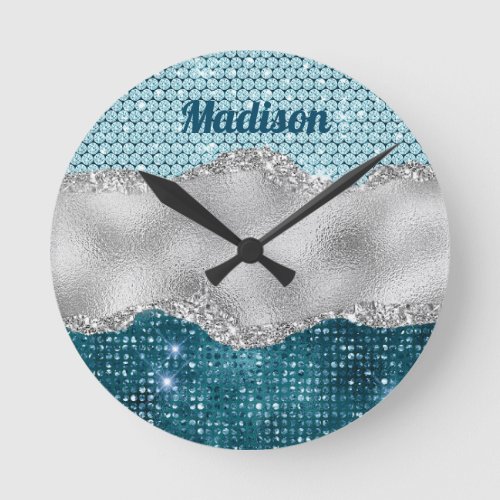 Chic girly teal mint green glitter silver monogram round clock