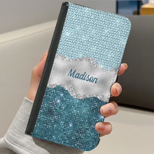Chic girly teal mint green glitter silver monogram samsung galaxy s5 wallet case