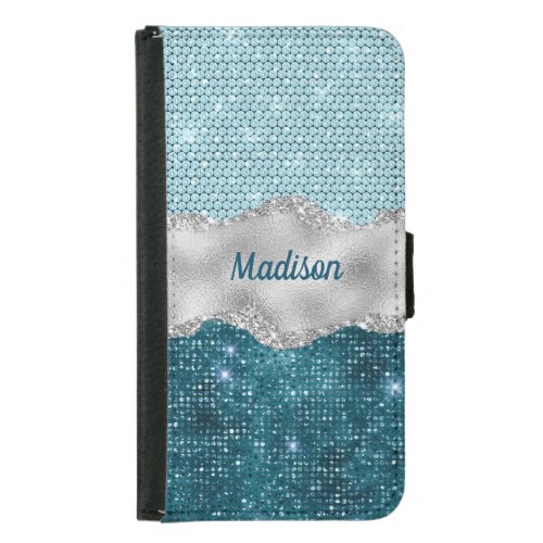 Chic girly teal mint green glitter silver monogram samsung galaxy s5 wallet case