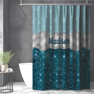 Chic girly teal mint green glitter silver monogram shower curtain