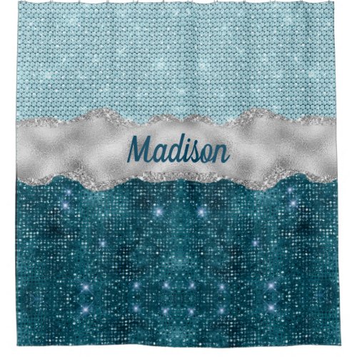 Chic girly teal mint green glitter silver monogram shower curtain