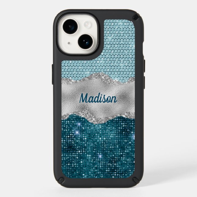Chic girly teal mint green glitter silver monogram speck iPhone case (Front)