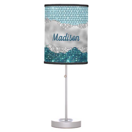 Chic girly teal mint green glitter silver monogram table lamp