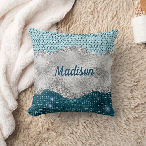 Chic girly teal mint green glitter silver monogram throw pillow