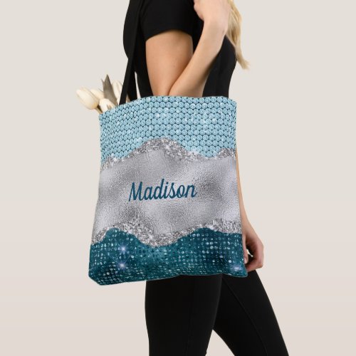 Chic girly teal mint green glitter silver monogram tote bag