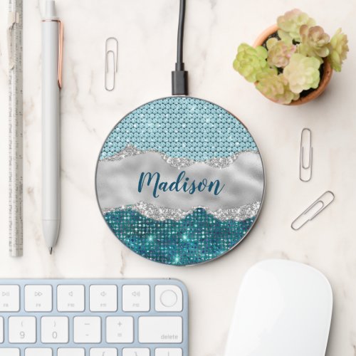 Chic girly teal mint green glitter silver monogram wireless charger 