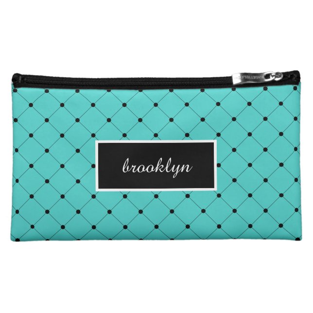 Chic Girly Turquoise and Black Polka Dots Makeup Bag (Front)