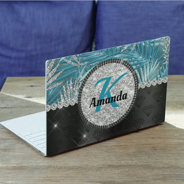 Chic girly turquoise aqua glitter leaves monogram HP laptop skin (Creator Uploaded)