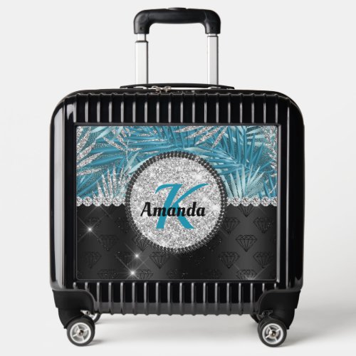 Chic girly turquoise aqua glitter leaves monogram luggage