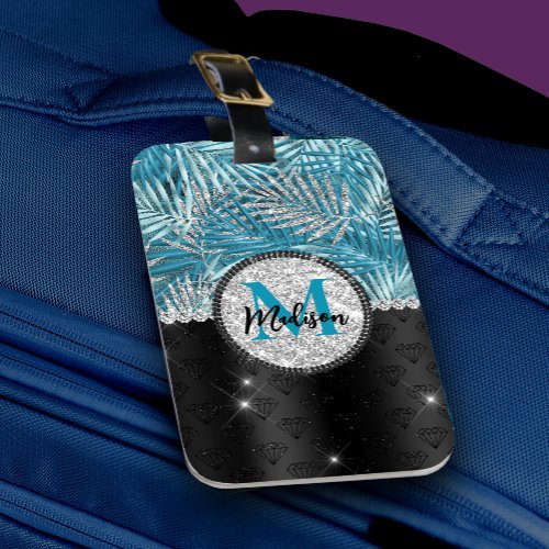 Chic girly turquoise aqua glitter leaves monogram  luggage tag
