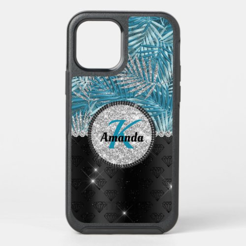 Chic girly turquoise aqua glitter leaves monogram  OtterBox symmetry iPhone 12 pro case