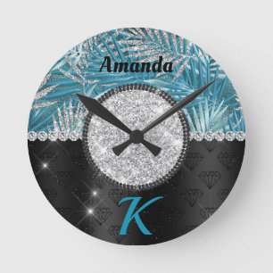 Chic girly turquoise aqua glitter leaves monogram round clock