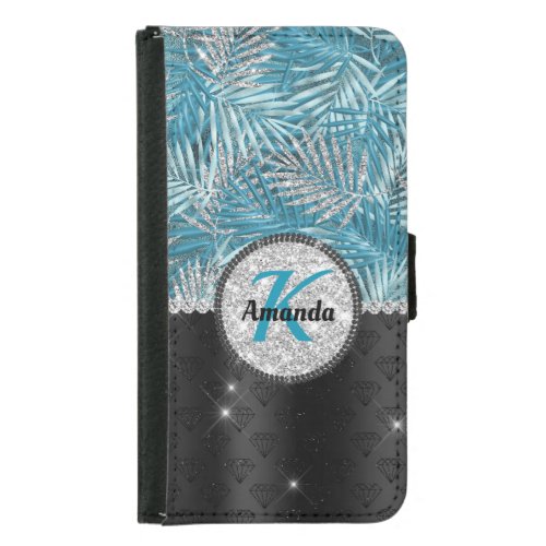Chic girly turquoise aqua glitter leaves monogram  samsung galaxy s5 wallet case